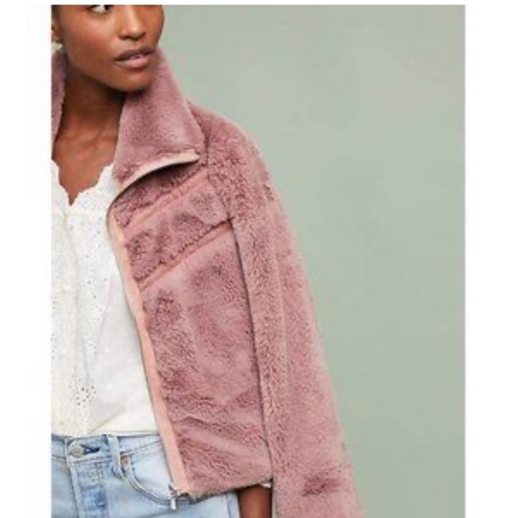 Anthropologie Faux Fur Jacket Teddy Bomber Mauve Dusty Rose Chevron Detail - Picture 1 of 10